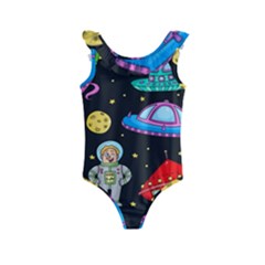 Seamless Pattern With Space Object Ufo Rocket Alien Hand Drawn Element Space Kids  Frill Swimsuit by Wegoenart