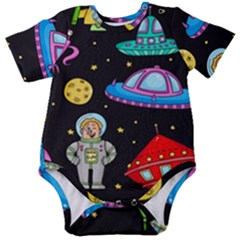 Seamless Pattern With Space Object Ufo Rocket Alien Hand Drawn Element Space Baby Short Sleeve Onesie Bodysuit by Wegoenart