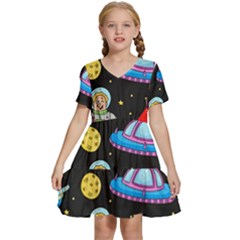 Seamless Pattern With Space Object Ufo Rocket Alien Hand Drawn Element Space Kids  Short Sleeve Tiered Mini Dress by Wegoenart