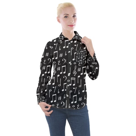 Chalk-music-notes-signs-seamless-pattern Women s Long Sleeve Pocket Shirt by Wegoenart