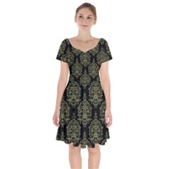 Black And Green Ornament Damask Vintage Short Sleeve Bardot Dress by ConteMonfrey