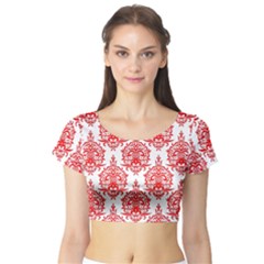 White And Red Ornament Damask Vintage Short Sleeve Crop Top by ConteMonfrey
