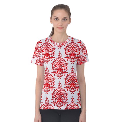 White And Red Ornament Damask Vintage Women s Cotton Tee by ConteMonfrey