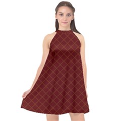Diagonal Dark Red Small Plaids Geometric  Halter Neckline Chiffon Dress  by ConteMonfrey