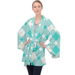 Diagonal Blue Torquoise Long Sleeve Velvet Kimono 