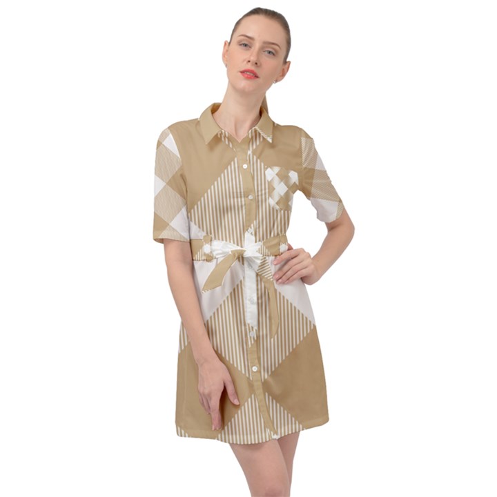 Clean brown white plaids Belted Shirt Dress