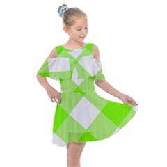 Neon Green And White Plaids Kids  Shoulder Cutout Chiffon Dress by ConteMonfrey