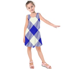 Blue And White Diagonal Plaids Kids  Sleeveless Dress by ConteMonfrey