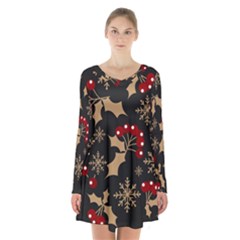 Christmas Pattern With Snowflakes-berries Long Sleeve Velvet V-neck Dress by Wegoenart