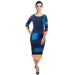 Gradient Geometric Shapes Dark Background Quarter Sleeve Midi Velour Bodycon Dress by Wegoenart