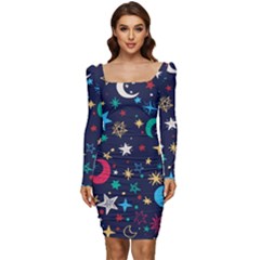 Colorful-background-moons-stars Women Long Sleeve Ruched Stretch Jersey Dress by Wegoenart