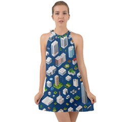 Isometric-seamless-pattern-megapolis Halter Tie Back Chiffon Dress