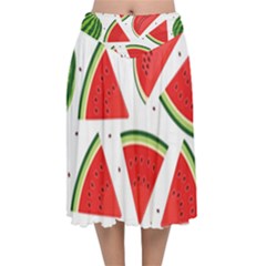 Watermelon Cuties White Velvet Flared Midi Skirt by ConteMonfrey