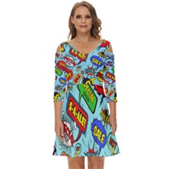 Comic Bubbles Seamless Pattern Shoulder Cut Out Zip Up Dress