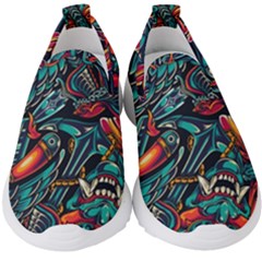 Vintage Tattoos Colorful Seamless Pattern Kids  Slip On Sneakers by Wegoenart