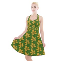 Orange Leaves Green Halter Party Swing Dress  by ConteMonfrey