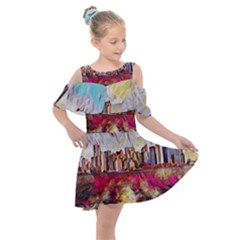 New York Skyline Manhattan City Kids  Shoulder Cutout Chiffon Dress by Wegoenart