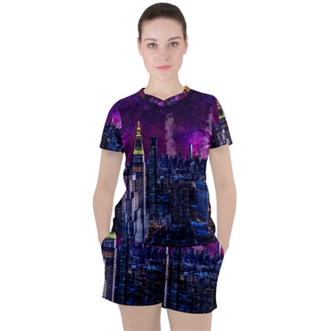 New York Manhattan Skyline Cityscape Downtown Women s Tee And Shorts Set by Wegoenart