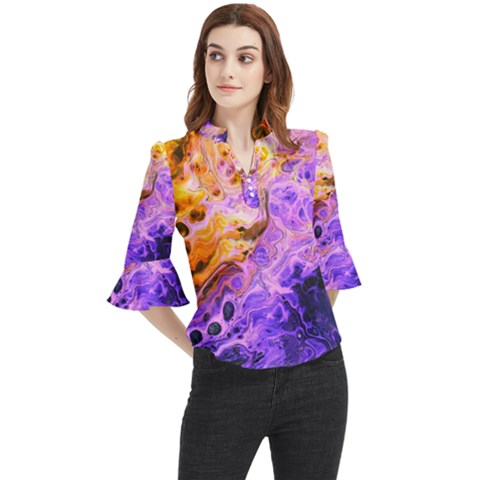 Conceptual Abstract Painting Acrylic Loose Horn Sleeve Chiffon Blouse by Ravend