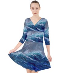 Waves Sea Sky Wave Quarter Sleeve Front Wrap Dress