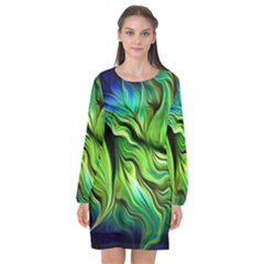 Fractal Art Pattern Abstract Long Sleeve Chiffon Shift Dress 