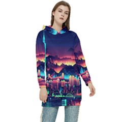 Cityscape Building Painting 3d City Illustration Women s Long Oversized Pullover Hoodie