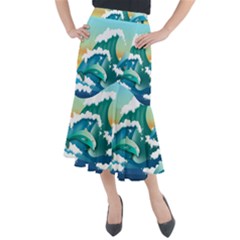 Dolphin Seagull Sea Ocean Wave Midi Mermaid Skirt by Wegoenart