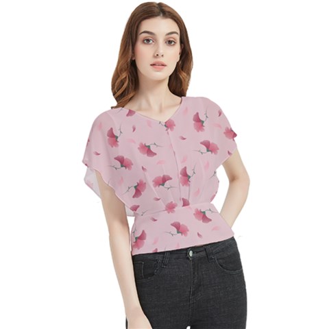 Flowers Pattern Pink Background Butterfly Chiffon Blouse by Wegoenart