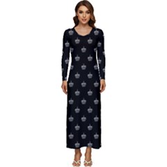 Royalty Crown Graphic Motif Pattern Long Sleeve Velour Longline Maxi Dress