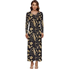 Natura Premium Golden Leaves Long Sleeve Velour Longline Maxi Dress