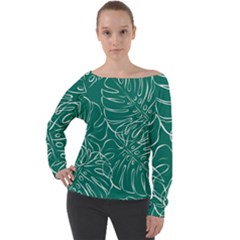 Tropical Monstera  Off Shoulder Long Sleeve Velour Top by ConteMonfrey