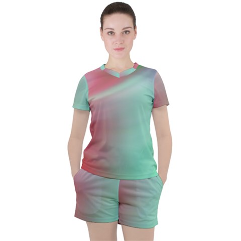 Gradient Pink, Blue, Red Women s Tee And Shorts Set by ConteMonfrey