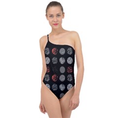 Black And Multicolored Polka Dot Wallpaper Artwork Digital Art Classic One Shoulder Swimsuit by danenraven