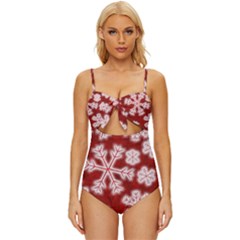 Snowflakes And Star Patterns Red Frost Knot Front One-piece Swimsuit by artworkshop