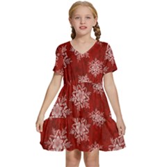 Snowflakes And Star Patternsred Snow Kids  Short Sleeve Tiered Mini Dress by artworkshop