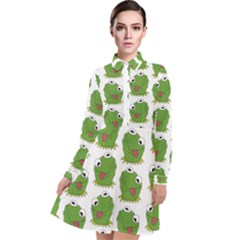 Kermit The Frog Pattern Long Sleeve Chiffon Shirt Dress