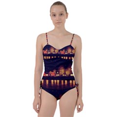 Night Houses River Bokeh Leaves Fall Autumn Sweetheart Tankini Set by danenraven