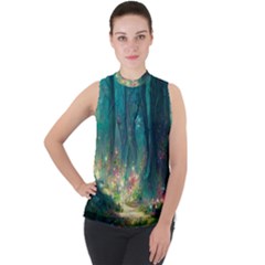 Magical Forest Forest Painting Fantasy Mock Neck Chiffon Sleeveless Top by danenraven