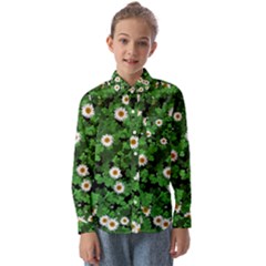 Daisies Clovers Lawn Digital Drawing Background Kids  Long Sleeve Shirt by Ravend
