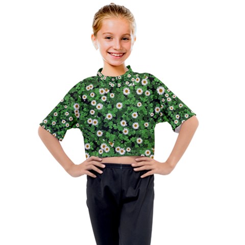 Daisies Clovers Lawn Digital Drawing Background Kids Mock Neck Tee by Ravend