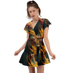 Flame Deep Sea Underwater Creature Wild Flutter Sleeve Wrap Dress by Pakemis