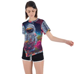 Astronaut Universe Planting Flowers Cosmos Galaxy Asymmetrical Short Sleeve Sports Tee by Pakemis