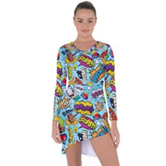 Comic Elements Colorful Seamless Pattern Asymmetric Cut-out Shift Dress by Pakemis