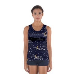 Hand Drawn Scratch Style Night Sky With Moon Cloud Space Among Stars Seamless Pattern Vector Design Sport Tank Top  by Pakemis