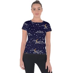 Hand Drawn Scratch Style Night Sky With Moon Cloud Space Among Stars Seamless Pattern Vector Design Short Sleeve Sports Top  by Pakemis