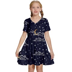 Hand Drawn Scratch Style Night Sky With Moon Cloud Space Among Stars Seamless Pattern Vector Design Kids  Short Sleeve Tiered Mini Dress by Pakemis