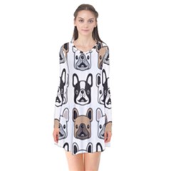 Dog French Bulldog Seamless Pattern Face Head Long Sleeve V-neck Flare Dress