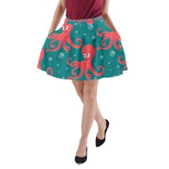 Cute Smiling Red Octopus Swimming Underwater A-line Pocket Skirt