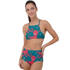 Cute Smiling Red Octopus Swimming Underwater High Waist Tankini Set