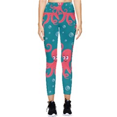 Cute Smiling Red Octopus Swimming Underwater Pocket Leggings 